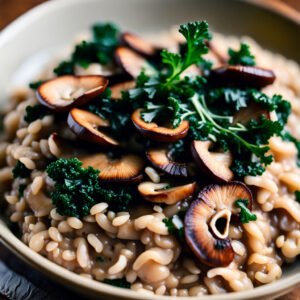 Shitake and Reishi Mushrooms with Kale in Risotto