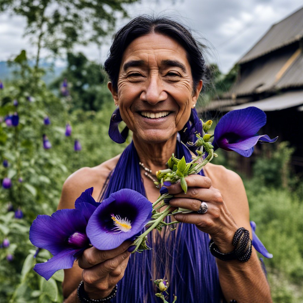A modern day culinary shaman gathering Blue butterfly flowers